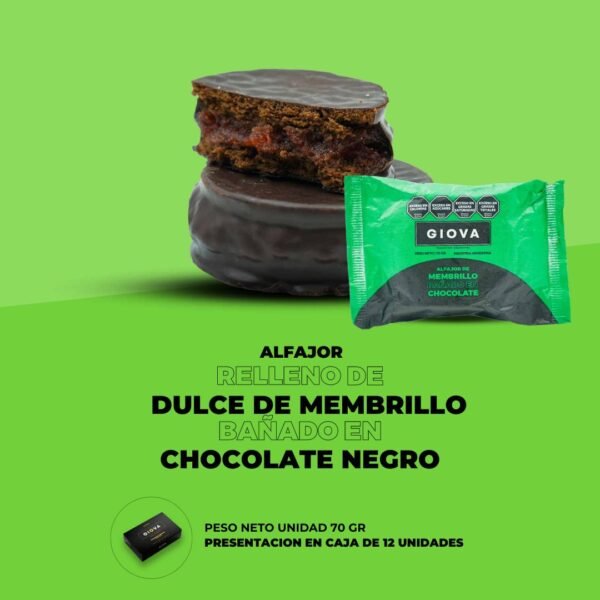 Alfajor relleno de dulce de membrillo bañado en chocolate negro.