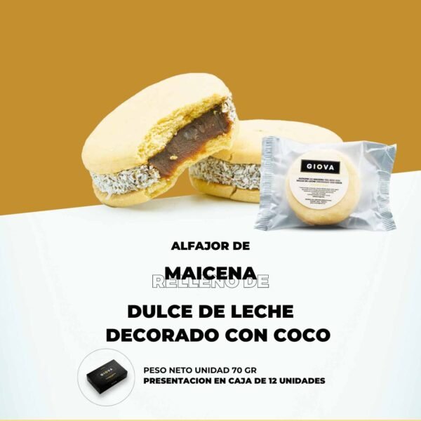 Alfajor de maicena relleno de dulce de leche, decorado con coco