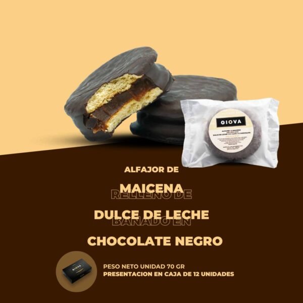 Alfajor de maicena relleno de dulce de leche. Bañado en chocolate negro