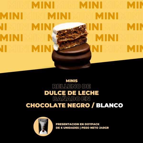 Alfajor mini relleno de dulce. Bañado en chocolate negro y blanco